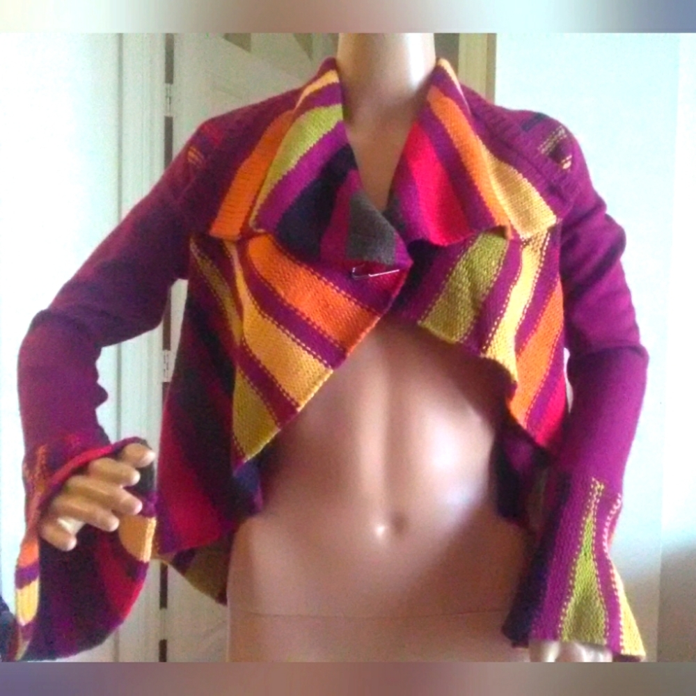 VINTAGE MULTI COLOR CROP TOP KNIT FLARE SLEEVES HUGE COLLAR W/ SILVER PIN M/LG - Picture 1 of 6